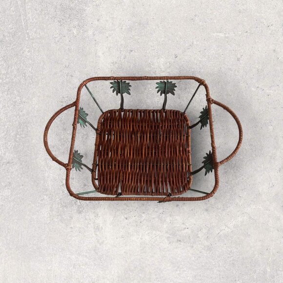 Vintage Woven Rattan & Metal Leaf Basket Tray – Rectangular with Handles - Picture 2 of 3